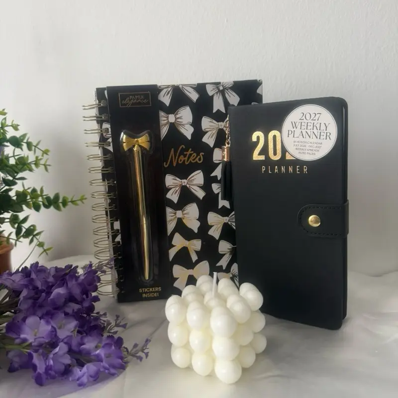 Starry Elegance Planning Set: 18-Month Planner, Bow-Tie Journal, Gold Pen, and Stickers