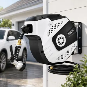 RVCHIC 65FT Retractable Garden Hose Reel with 5FT Leader Hose, Wall Mounted Auto Rewind Water Hose Reel with 180° Swivel Bracket, Slow Return System, 9-Pattern Spray Nozzle, Brass Fittings for Car Washing, Yard, Patio, Garden & Pet Cleaning