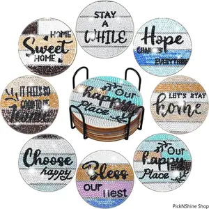 Aesthetic Alphabet Pattern DIY Diamond Painting Coaster Kit, Colorful Rhinestone Wooden Art Coasters For Beginners, Handmade Decorative Craft Supplies For Home Daily Use And Gifting