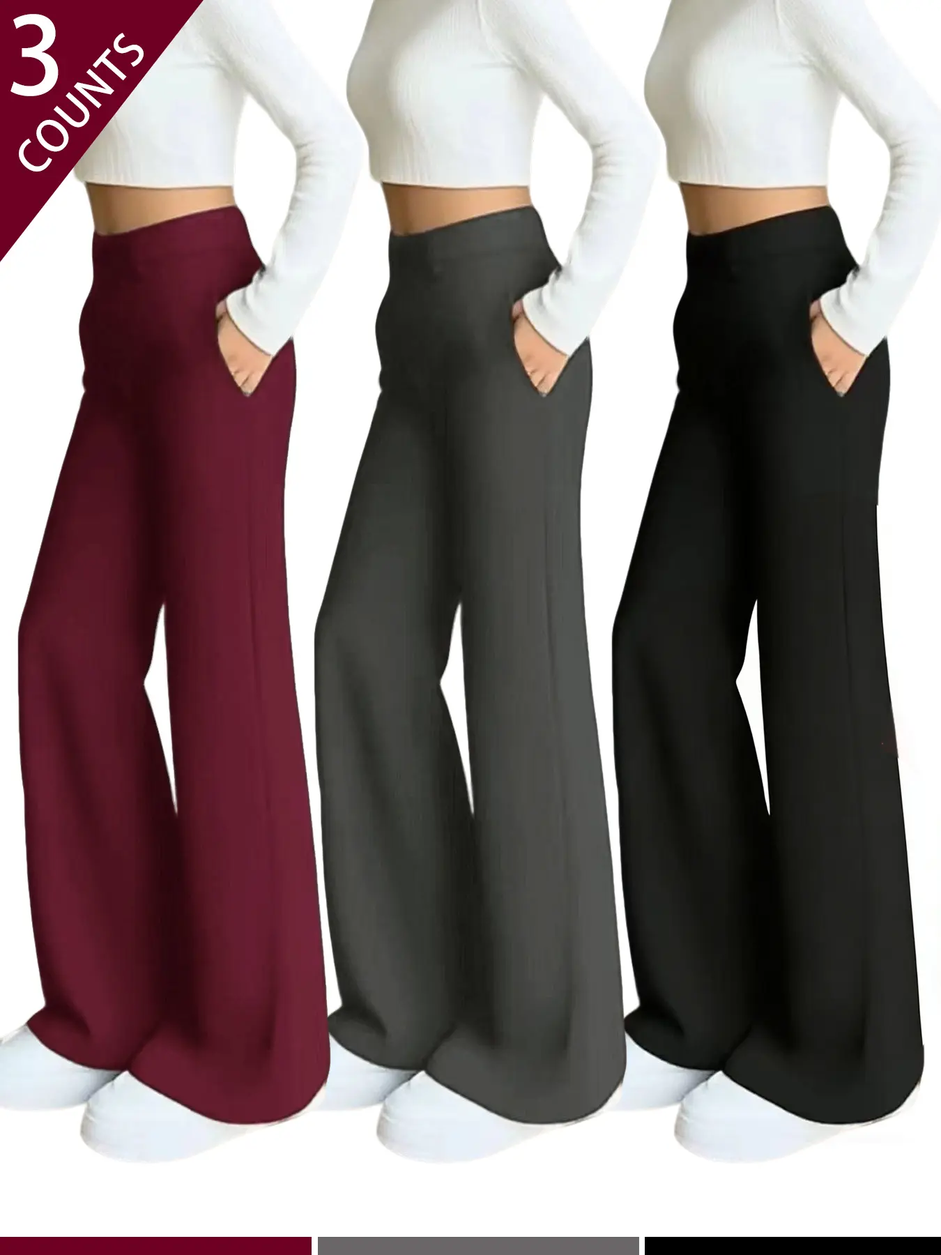3 Pieces High Waist Solid Color Flared Casual Pants, Comfortable And Versatile, With Practical Pockets, Suitable For Women To Wear During Spring And Autumn Outings Everyday Womenswear summerwins