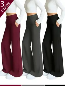 3 Pieces High Waist Solid Color Flared Casual Pants, Comfortable And Versatile, With Practical Pockets, Suitable For Women To Wear During Spring And Autumn Outings