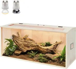 PROLEE Bearded Dragon Tank, 34 Gallons Wooden Reptile Terrarium and Lizard Tank, Tempered Glass Large Bearded Dragon Enclosure with Built-in Lamp Fixture (32X16X16inch)