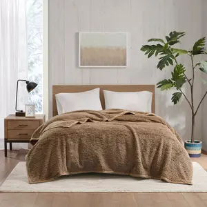 360 Stand King Size Berber Texture Blanket - Burlington Style, Transitional Look, 108x90x0.25in Brown, Polyester Fiber, Machine Washable for King Size Bed
