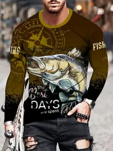 Men's Fishing Long Sleeve Shirt, -To- Gradient Base, Largemouth Bass Graphic, Compass Details, Breathable Polyester, Outdoor Casual Wear, Sport Outdoor Clothing