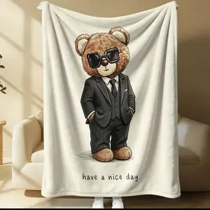 Fashionable and cute cartoon teddy bear printed blanket, suitable for all seasons, suitable for beds, sofas, cars, room decorations, and gifts, suitable for children or adults