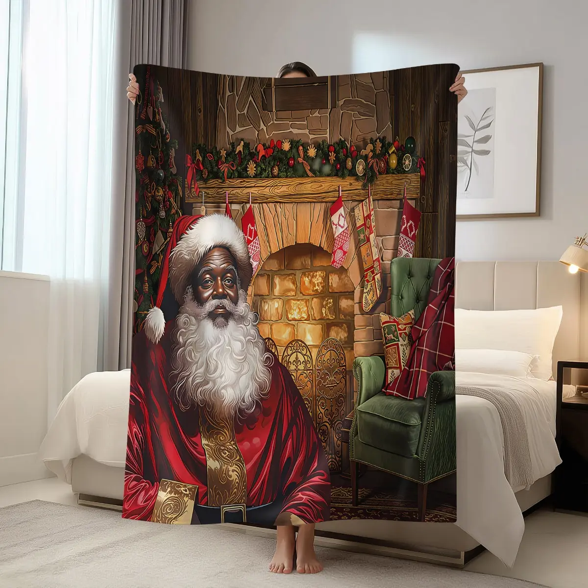 1pc African American Black Santa Claus Blanket, Comfortable Soft Flannel Warm Cover, Merry Christmas during Winter Christmas Holiday, Suitable for Sofa, Bed, Car, Room, Office, Party, Camping Cover, Perfect Christmas Gift Blanket, Flannel Cozy Blanket