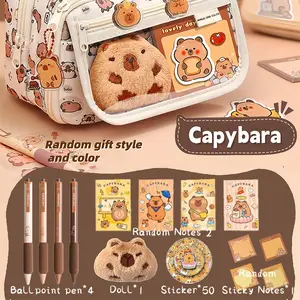 59-Piece Water Buffalo Pencil Case Set with Dolls & Jelly Pens, Multi-Layer Fabric Storage Box with Safety Zipper, Student Learning Supplies Kit