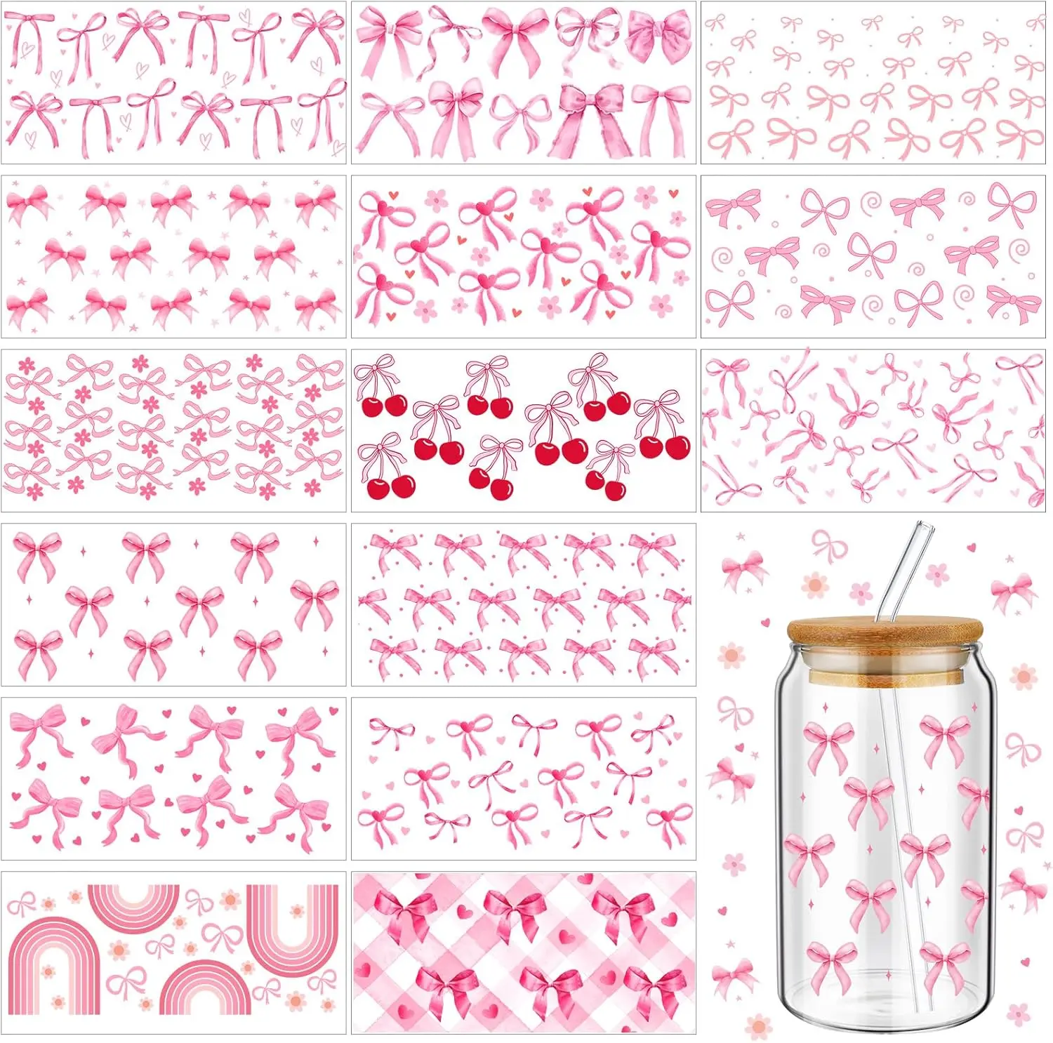 15 Sheets Pink Bow UV Dtf Cup Wrap Decal Stickers, DIY Sticker Paper for 16 oz Glass Water Bottles, Scrapbooking & Stamping Craft Decorations, Decal Sticker