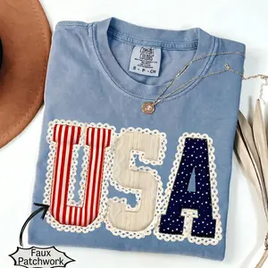 (FAUX PATCHWORK-PRINT) Comfort Colors Coquette Bow USA Shirt, Faux Patchwork Lace Tee, Digital Print Shirt, 4th of July American Flag T-Shirt Print Tee - INFB