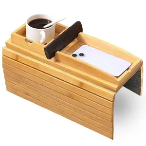 Natural Bamboo Sofa Tray – Foldable Bamboo Couch Armrest Tray with Cup Holder, Non-Slip & Waterproof Sofa Arm Table for Drinks, Snacks, Remote & Phone – Eco-Friendly Bamboo Armrest Organizer