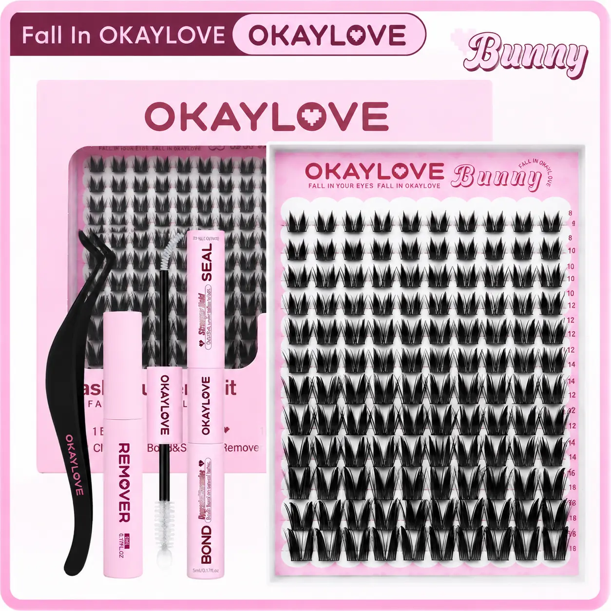 OKAYLOVE Bunny Lash Kit | Manga Lash CLusters Extension with Waterproof Long-lasting Lash Bond and Seal,Tweezers and Remover for DIY Eyelash at Home Easily, Natural Makeup Girl Gifts  Cosmetic