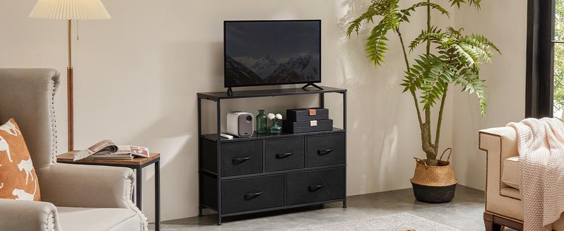 Entertainment Center with 5 Fabric, Media Console Table Open Storage Shelf Dresser for Bedroom/Living Room/Hallway, TV Stand with 5 Drawers Entertainment Center with 5 Fabric, Media Console Table Open Storage Shelf Dresser for Bedroom/Living Room/Hallway, TV Stand with 5 Drawers
