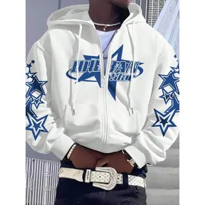 Men’s off-shoulder hoodie with star print; fashionable, casual regular-fit hoodie with a drawstring and pockets, suitable for daily outdoor wear during vacations; autumn and winter menswear; streetwear hoodies; patterned printed hoodies GARMENTARY