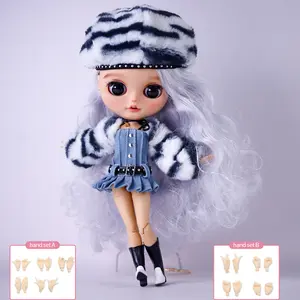 ICY DBS Blyth Doll 1/6 BJD Silver Curly Hair Customized Hand Carved Eyebrows Lips and Face Hand Drawn Makeup Doll with Zebra Hat and Skirt