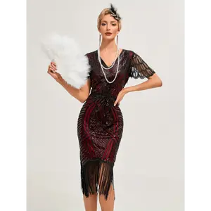 1pc Vintage Gatsby Sequin Dress, 1920s Flapper Tassel Short Sleeve Party Banquet Dance Dress, Polyester 100%, Contrast Detail, V-Neck Fitted Woven Dress for Adults - All Seasons