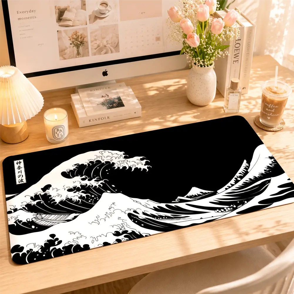 Large Artistic Rectangular Extended Gaming Mouse Pad - Black and White Great Wave Design Computer Desk Mat, Work Accessories, Non-Slip Rubber Base, Stitched Edges, Waterproof Surface, Precise Mouse Control, Protects Desktop from Scratches for Gamers