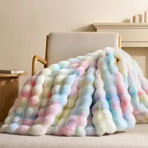 Faux  Throw Blanket for Couch, Rainbow  Cozy  Bubble Fleece Blanket, Soft Fuzzy Blanket for Sofa & Bed, Warm Plush Thick Luxury  Room Decor Throw 50"x60"-1100GMS