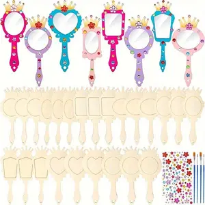 Wooden Princess Mirror Set, 12pcs/set Hand Painted Crown Designs, DIY Craft Kit for Kids, Perfect for Arts Crafts, Birthdays, Festival Parties, Hand Mirrors