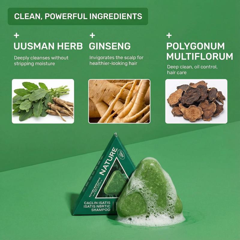 Nature Triangle Shampoo Bar Usman Grass Green Herbal Soap for Hair Growth Clean Oil Control with Polygonum Multiflorum Coconut Ginseng 80g Pack
