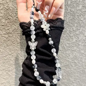 Ice Cracked Bead Butterfly Phone Case Strap, Crossbody Earphone Holder Keychain Bag Charm, Fashion Accessory, Phone Wrist Strap
