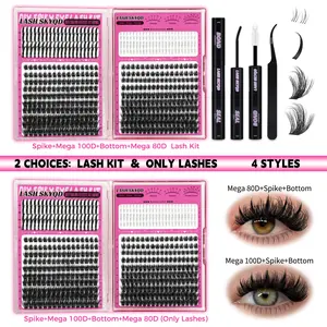 LASH SKYQD 472pcs 4 Styles D Curl False Eyelash Cluster Kit, Bottom/Spike/Mega 100D/Mega 80D Volume Lash Extensions Kit With Lash Bond and Seal Tweezers, Perfect for Beginners & Proficient, DIY at Home Easily, Easy Apply for Makeup Daily