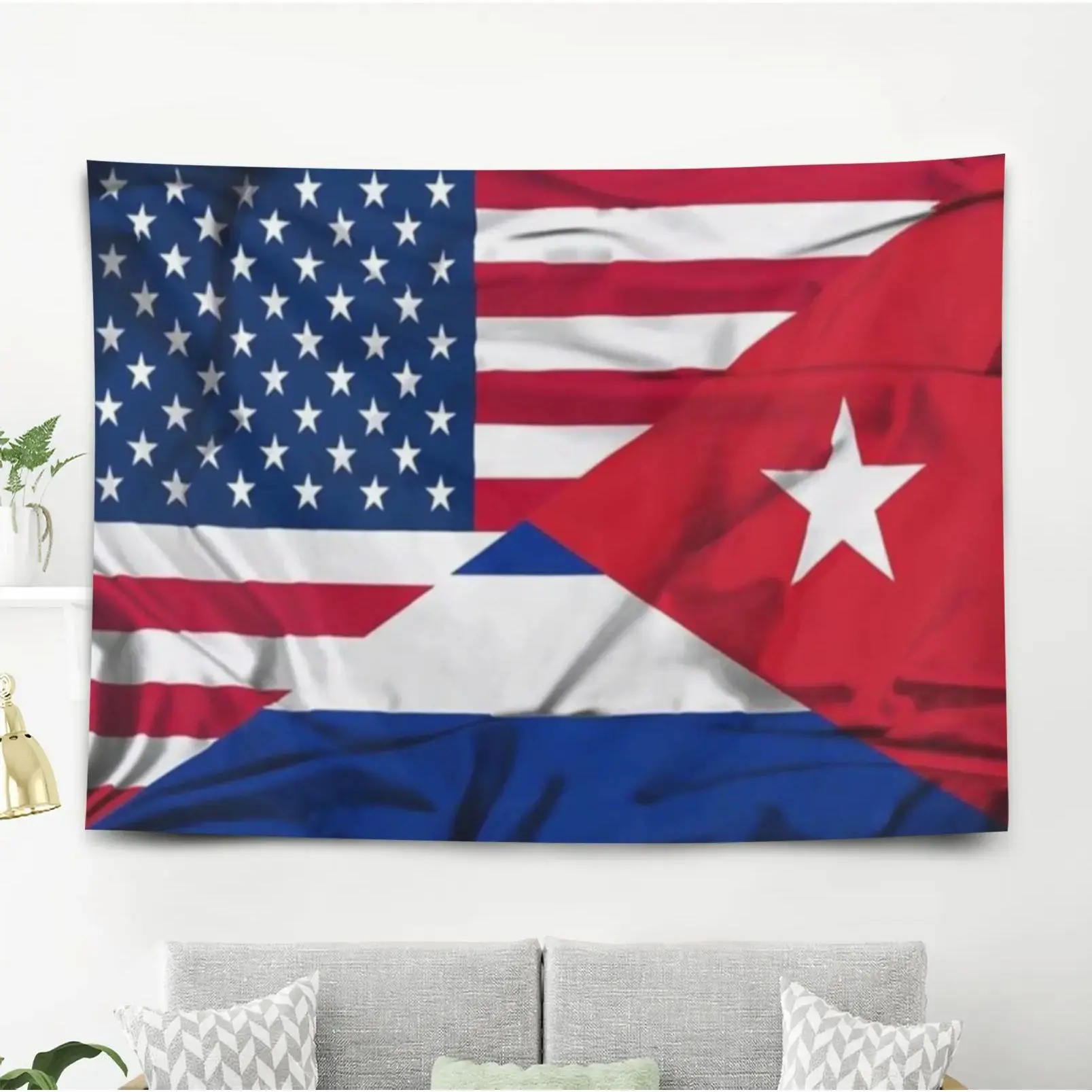 Soft Peach Skin Horizontal Wall Hanging Tapestry, Cuba-USA Flag Background, Fadesafe Heat Transfer Print, Indoor/Outdoor Home Decor & Gift (Multiple Sizes Available)