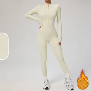 Women's Solid Zip-up Skiing Jumpsuit, Casual Sporty Long Sleeve Onesie for Skiing Cycling, Fall & Winter Ladies Sportswear, Stretchable Activewear