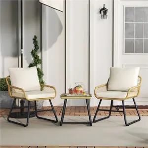 Yaheetech 3-Piece Patio Bistro Set, Outdoor Wicker Rattan Boho Coffee Table & 2 Chairs with Cushions & Pillows for Balcony, Porch, Backyard