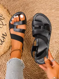 Women's Fashionable Plain Color Leather Braided Band Flat Sandals, Casual Comfortable Slingback Sandals for Summer, Lightweight Breathable Shoes for Daily Wear, Girl, Footwear Strap Slides