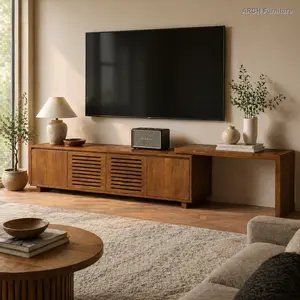 63" Mid-Century Modern Extendable Wooden Farmhouse Media Console TV Stand, for TVs Up to 75", with Storage & Adjustable Panel, Indoor Living Room Furniture, Wooden Tv Stand