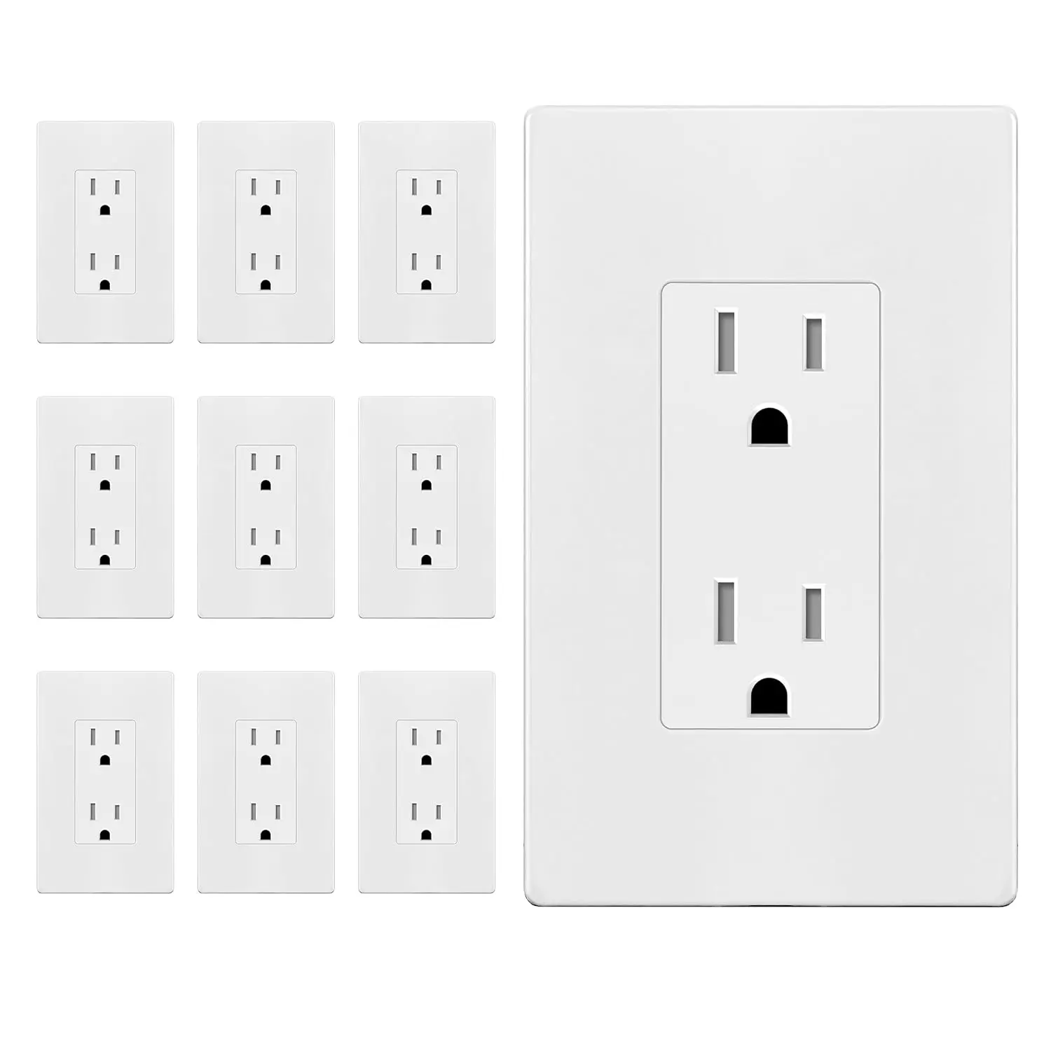 Decorator Outlet 10 Pack, 15A Standard Electrical Wall Receptacle |   with Screwless Wall Plate, Tamper Resistant, UL Listed, Self-Grounding, Residential Outlets for Home, 5-15R, Glossy White