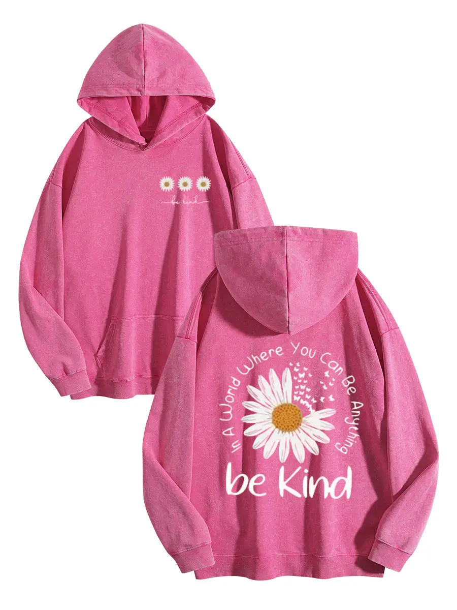 Harleyland 2026 Women's Vintage "Be Kind" Daisy Print Acid Wash Cotton Hoodie-Sweatshirt, Plus Size, Long Sleeves, Comfortable Oversized Loose-Fit Winter Warm Streetwear Casual Pullover Tops