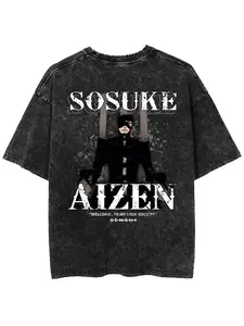 Sosuke Aizen Anime Wash T-Shirt, Retro Streetwear Style for Fans, Casual Short Sleeve Top