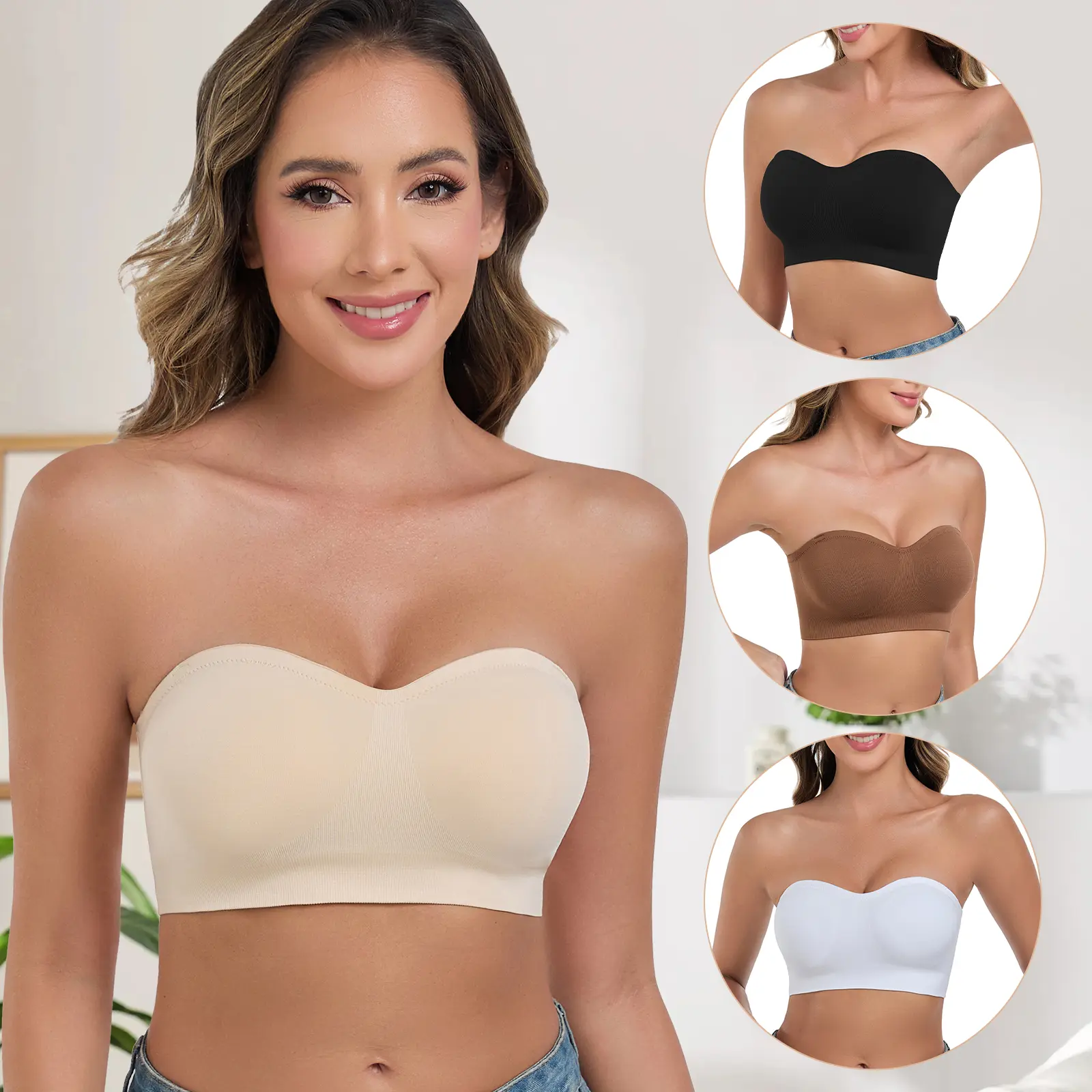 Lusait Supportive Strapless Bras for Women Wireless Bandeau Bra Push Up Non Slip Seamless Bras Comfortable Silicone Padded Bralette backtoschool