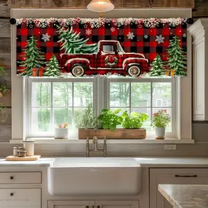 Christmas Truck Print Kitchen Curtain - 3D Digital Print, Rod Pocket Design for Easy Hanging, Light-Filtering Polyester Home Decor, Home Decoration Curtain