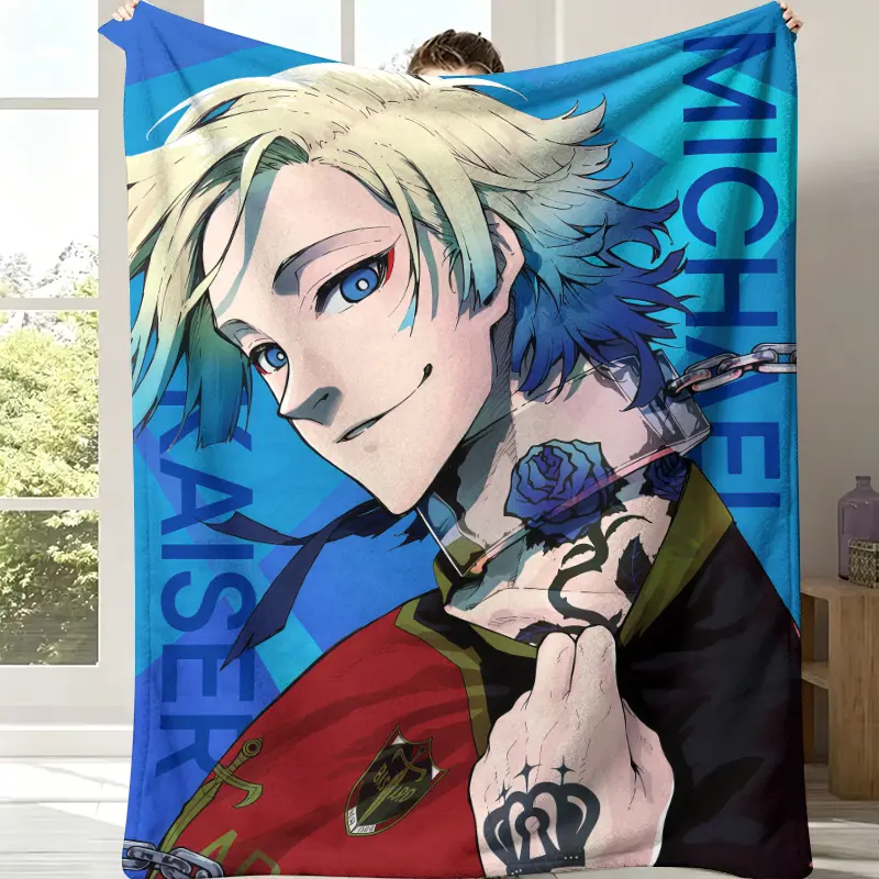 Michael Kaiser Blue Lock Flannel Throw Blanket - Flannel Weave, Soft Fleece, Bright Blue Geometric Background, Tattooed Soccer Star Anime Close-Up Portrait Printed Art, Stain Resistant, Teen Bedroom Contemporary Home Decor, Indoor Use Fan Gift, Teens' Roo