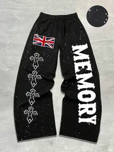 Men's Casual Long Pants, Bottom with Silver Color Sparkle, British Flag Patch, Faith Print, Memory Lettering, Elastic Waist, Streetwear Style
