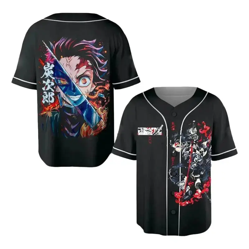 Demon Slayer Tanjiro Kamado Anime Baseball Jersey - Premium Breathable Button Down Streetwear Shirt, Vibrant Graphic Print Cosplay Clothing Merchandise, Perfect Otaku Gift