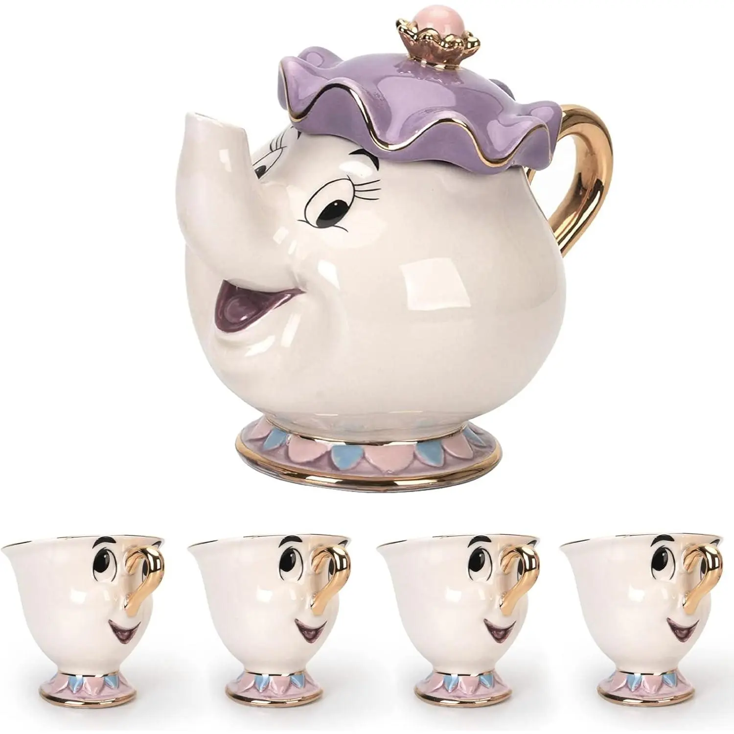 Classic Beauty & Beast Cartoon Character Fine Ceramic 5-Piece Miniature Tea Set - 1x500ml Teapot, 4 Mugs, Lovely Kitchenware for Birthday Decoration, Anniversary Gifting