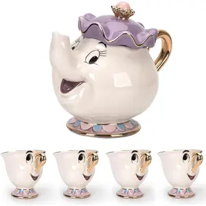 Cartoon New Beauty And The Beast Teapot Mug Mrs Potts Chip Tea Pot Cup One Set Lovely & One Teapot and Four Chip Mug, Tea Party Set Gifts for Happy Birthday Party Decorations and Anyone