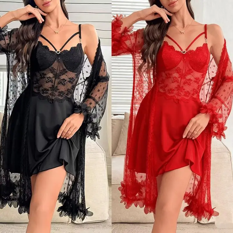 Women Solid Color Mesh Panel Lace Pajama Set with V-Neck, Adjustable Straps Comfortable Sleepwear