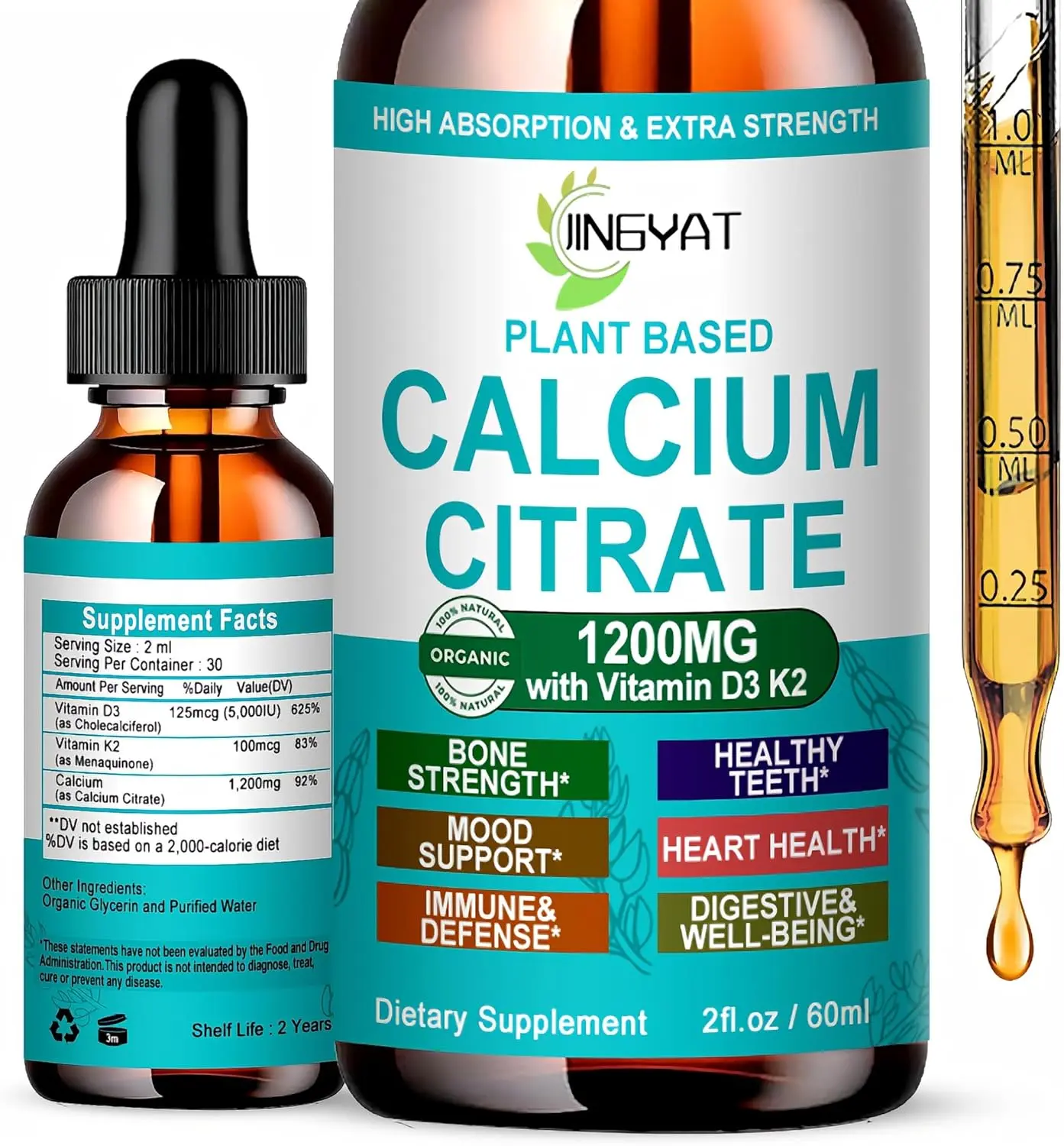 Calcium Supplements for Women Liquid Drops, High Absorption Calcium 1200mg with Vitamin D3 K2 for Bone and Teeth Support, Calcium Citrate Drops - Immune Support, Non-GMO, 30 Servings