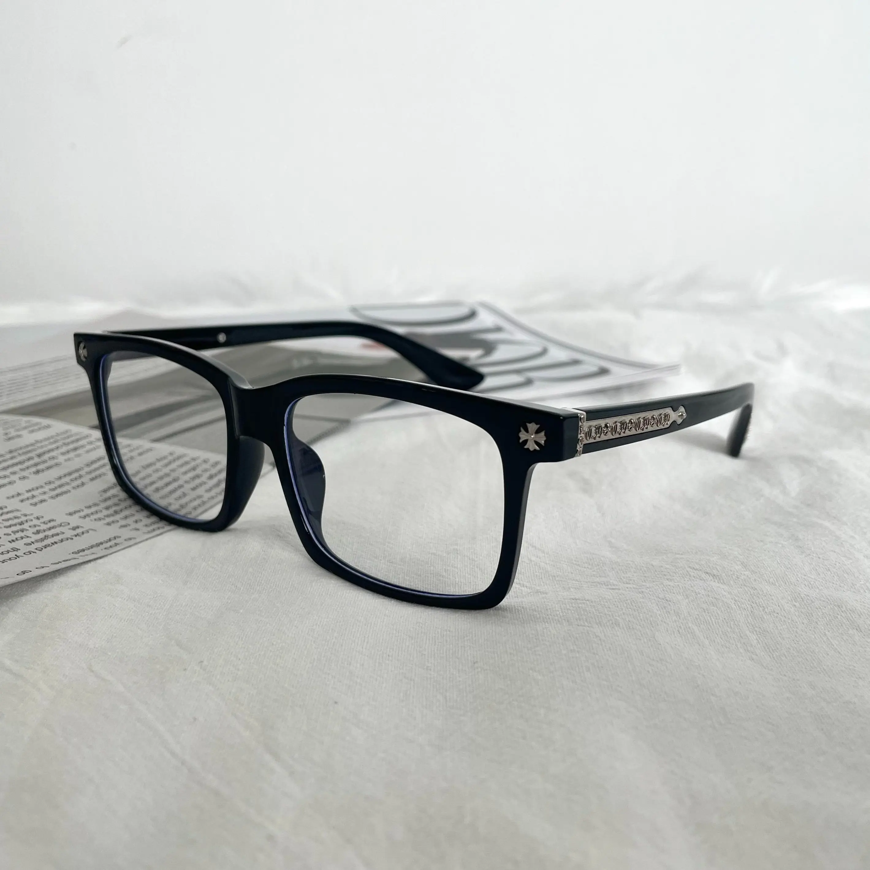 Non-Prescription Blue Light Blocking Glasses, Thick Black Square Full Rim Eyewear for Men - Vintage Engraved Metal Decor Temples, Retro Computer Glasses