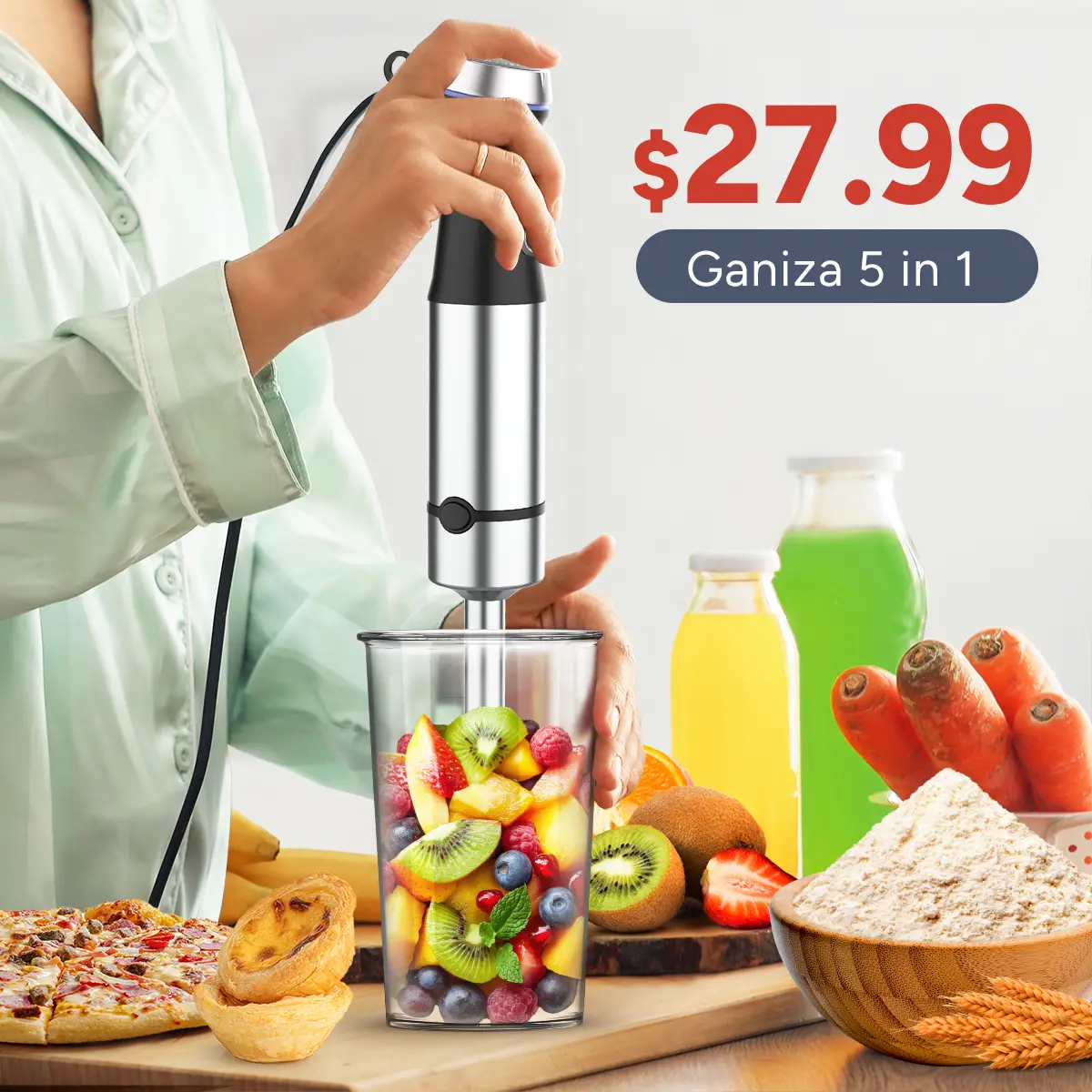 Ganiza Immersion Blender 5 in 1 Hand Blender Max 1000W Heavy Duty Motor, 16 Speed Mode Handheld Blender Stainless Steel Blade With 800ml Mixing Beaker