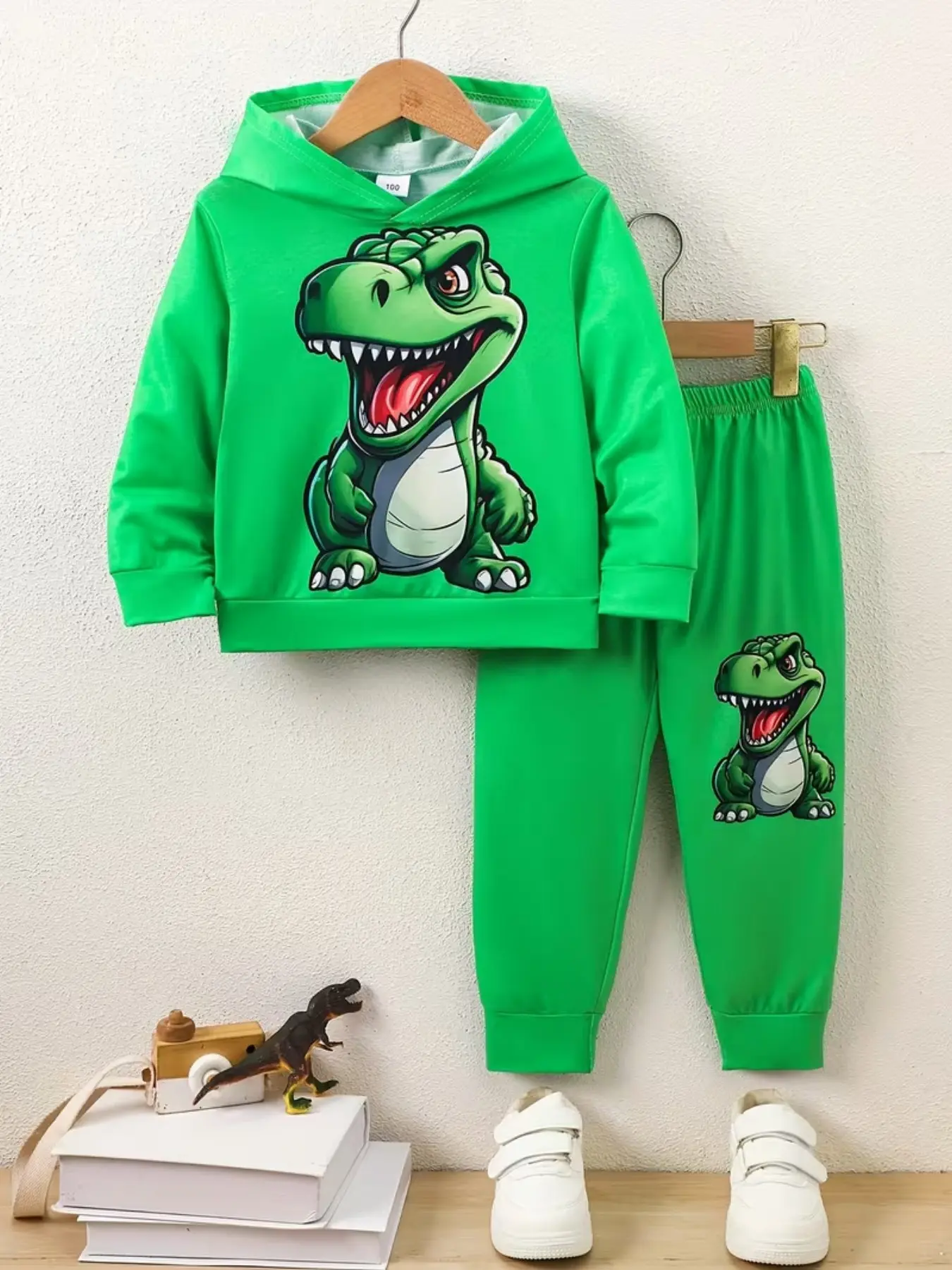 Boys' Spring Summer Dinosaur Print Hoodie Set, Cartoon