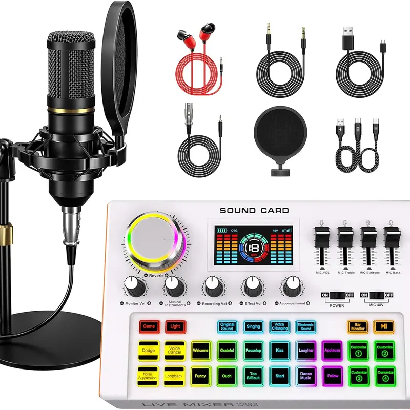 Y300 Podcast Audio Mixer Kit includes a P15 microphone, one-button