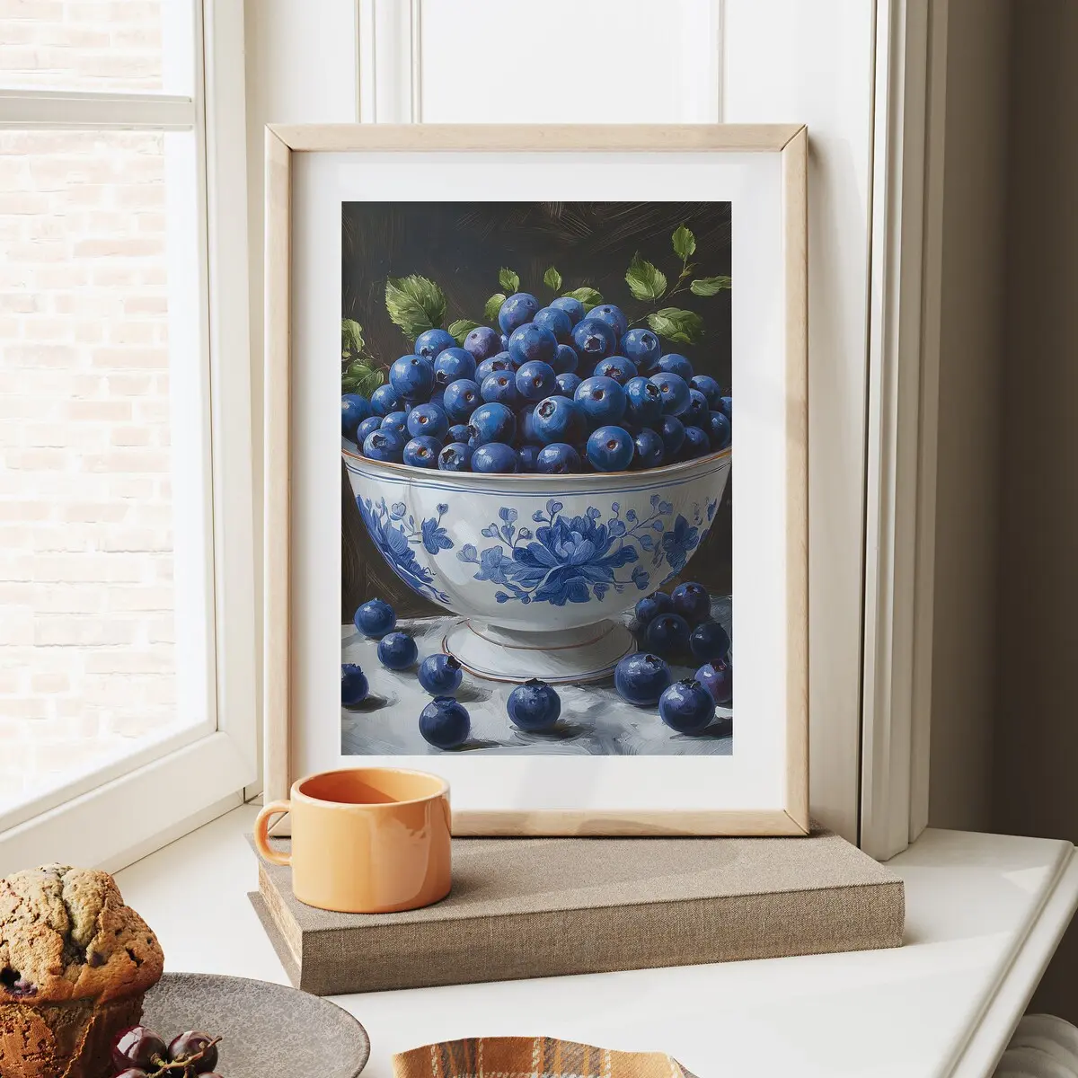 Blueberries in Porcelain Bowl Painting - Summer Berry Artwork - Fresh Blueberries Decor - Juicy Fruit Illustration, Unframed