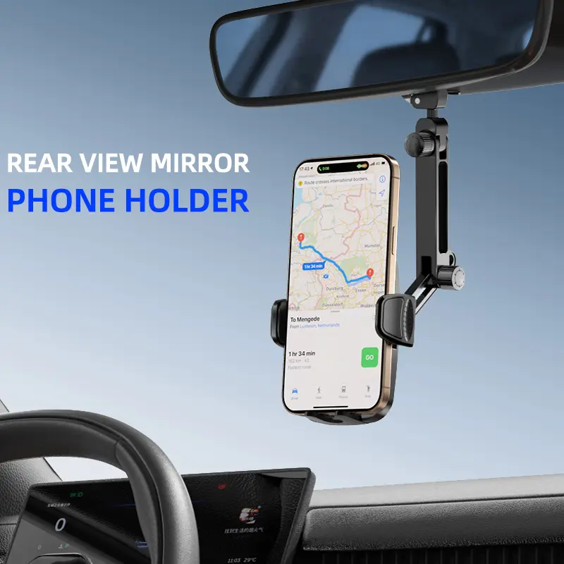 Aluminum Rear View Mirror Phone Mount for Most Cars, Trucks & SUVs, Anti-Shake Car Phone Holder, 360° Adjustable, Fits All 4-7 in Phones