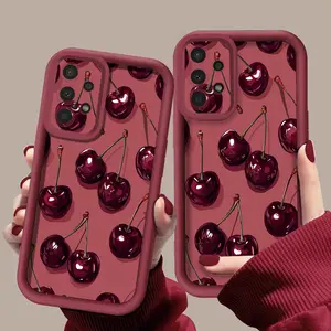 Trendy Matte Frosted TPU Phone Case with Dark Red Cherry Pattern for Galaxy A13/A14 4G/A21s/A05s/A13 5G/S23/S23 Ultra/S23 FE/A25 5G/S24 Ultra/S24 Plus/S22 Ultra 5G/S21 Ultra 5G/S21 FE 5G/S20/S20 FE/A71/A55 5G/A54 5G/A53 5G/A52/A33 5G/A32/A31/A23