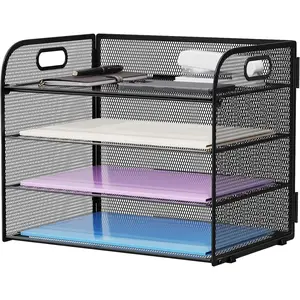 4 Tier Paper Organizer Letter Tray-Mesh Desk File Organizer with Handle, Paper Sorter for Letter/A4 Office File Folder Holder (Black, 12.6" x 9.1" x 10.7")